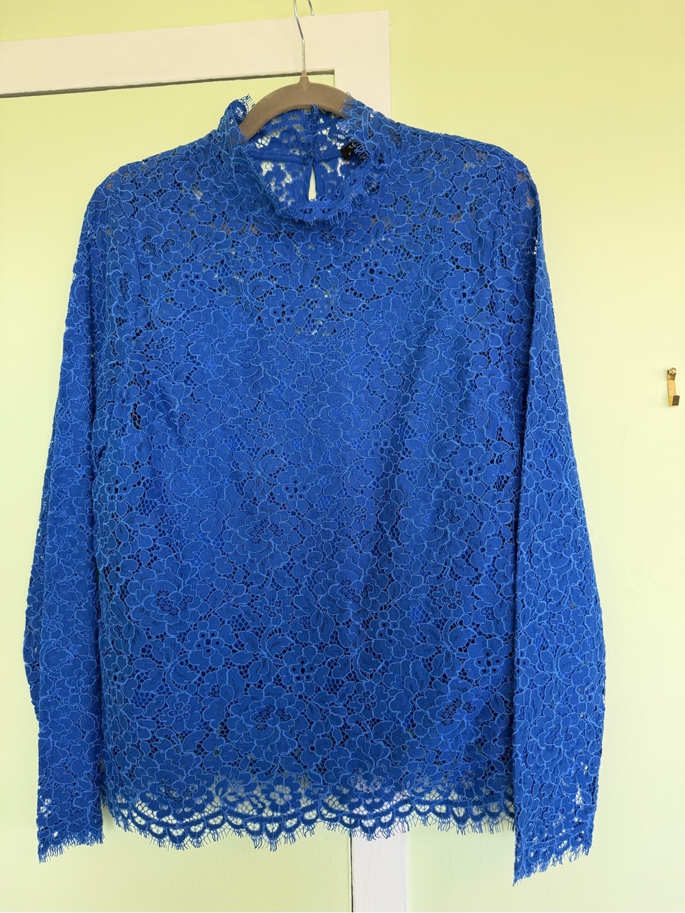 J. Crew Cobalt Blue Floral Lace Blouse Mock Neck 8